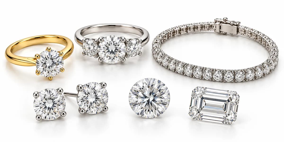 Diamond rings, earrings, a tennis bracelet and loose diamonds arranged on white
