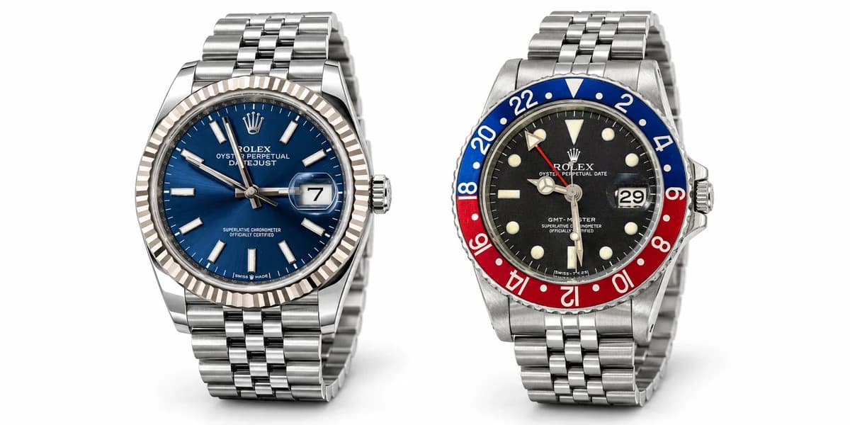 Blue-dial Rolex Datejust and red-and-blue bezel GMT-Master on a white background