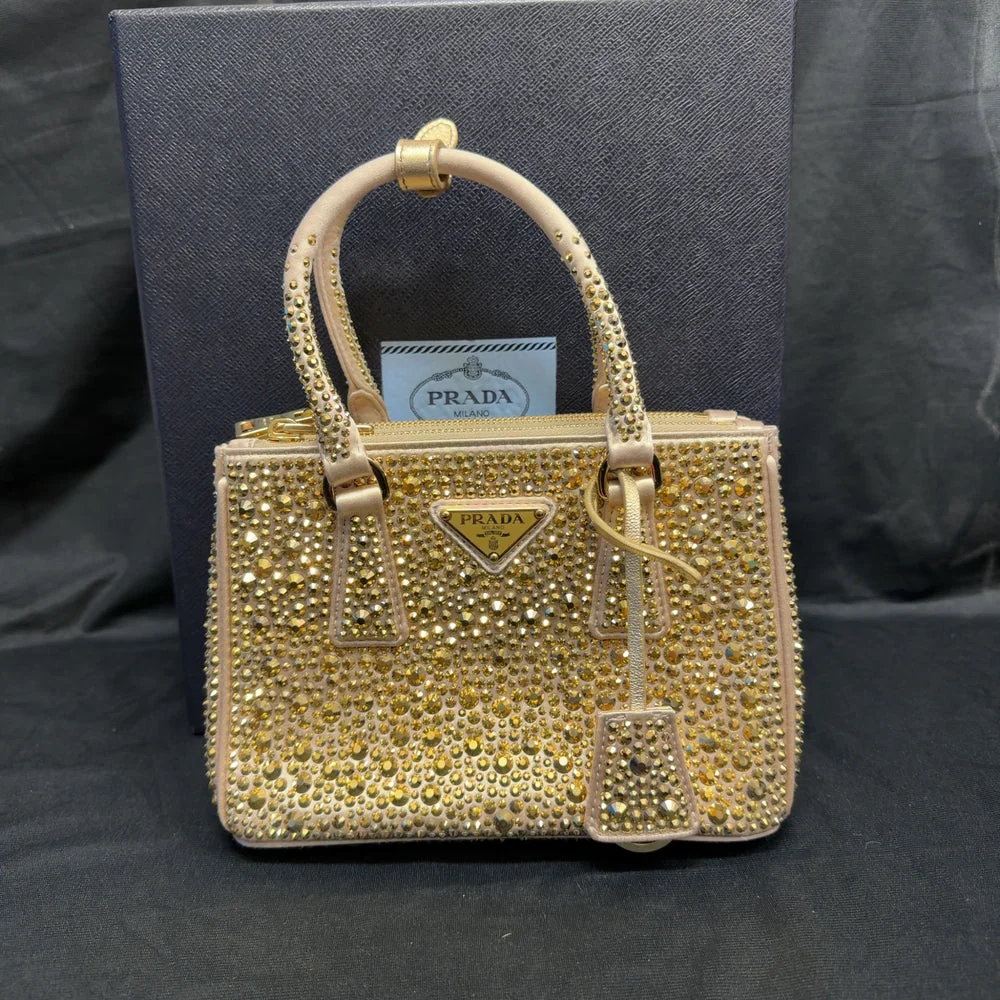 Prada Galleria mini bag in gold crystal-embellished satin, bought and authenticated by San Diego Jewelry Buyers