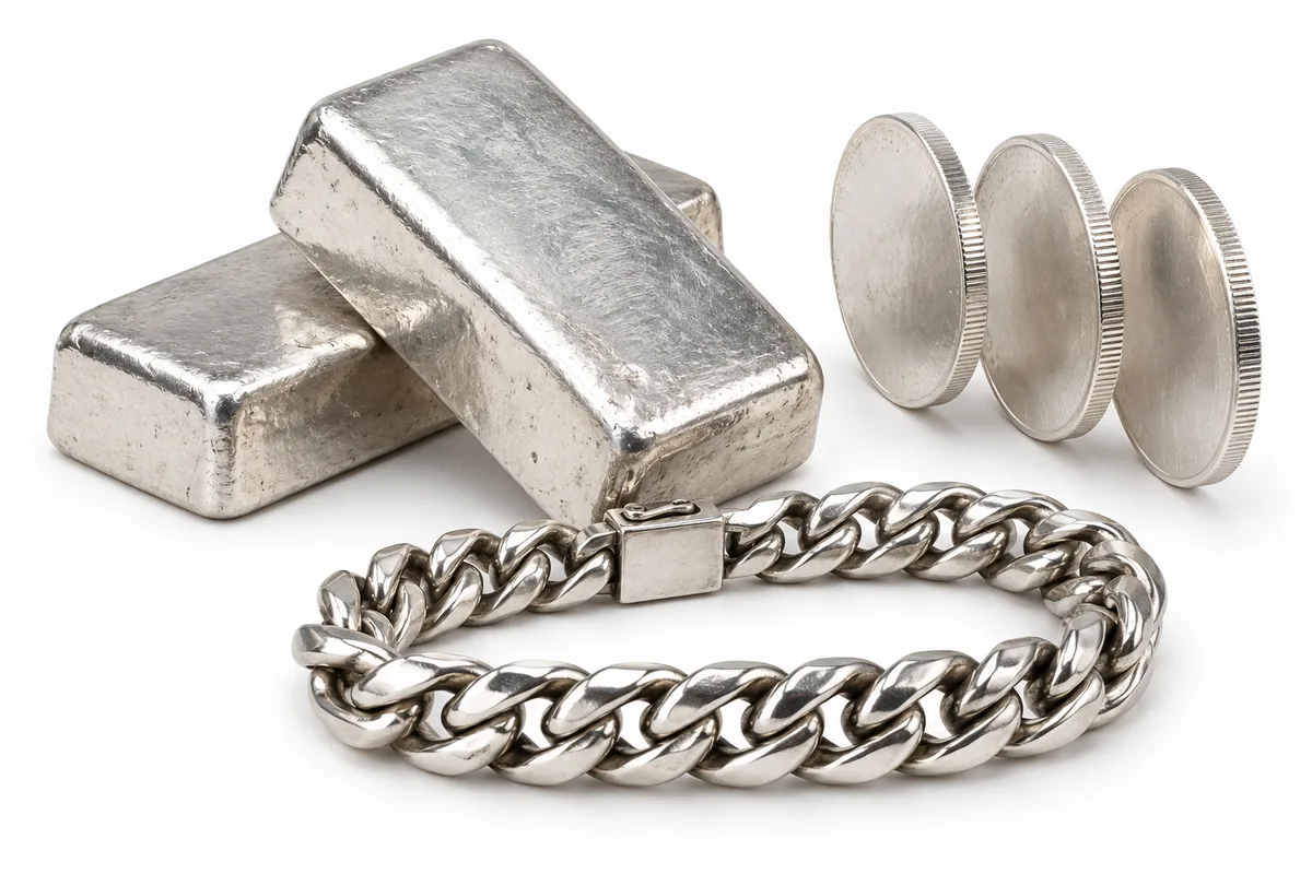 Silver bars, rounds and a silver bracelet on a white background